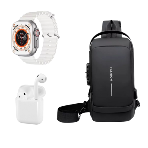🏆 SUPER COMBO TECNOLÓGICO 3×1 – SMARTWATCH + AUDÍFONOS + BOLSO ANTIRROBO