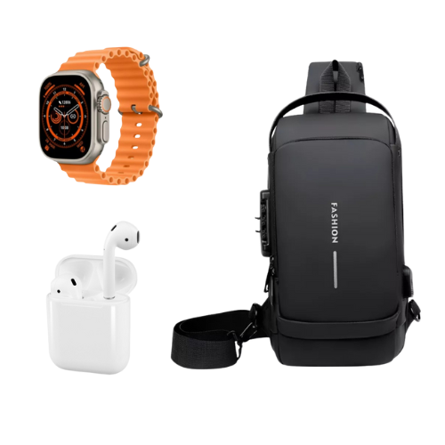 🏆 SUPER COMBO TECNOLÓGICO 3×1 – SMARTWATCH + AUDÍFONOS + BOLSO ANTIRROBO